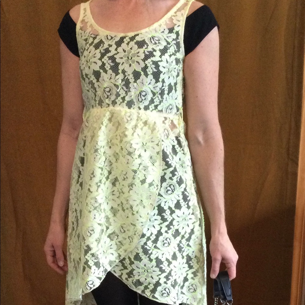 Hi-low lace overlay dress neon green thread detail